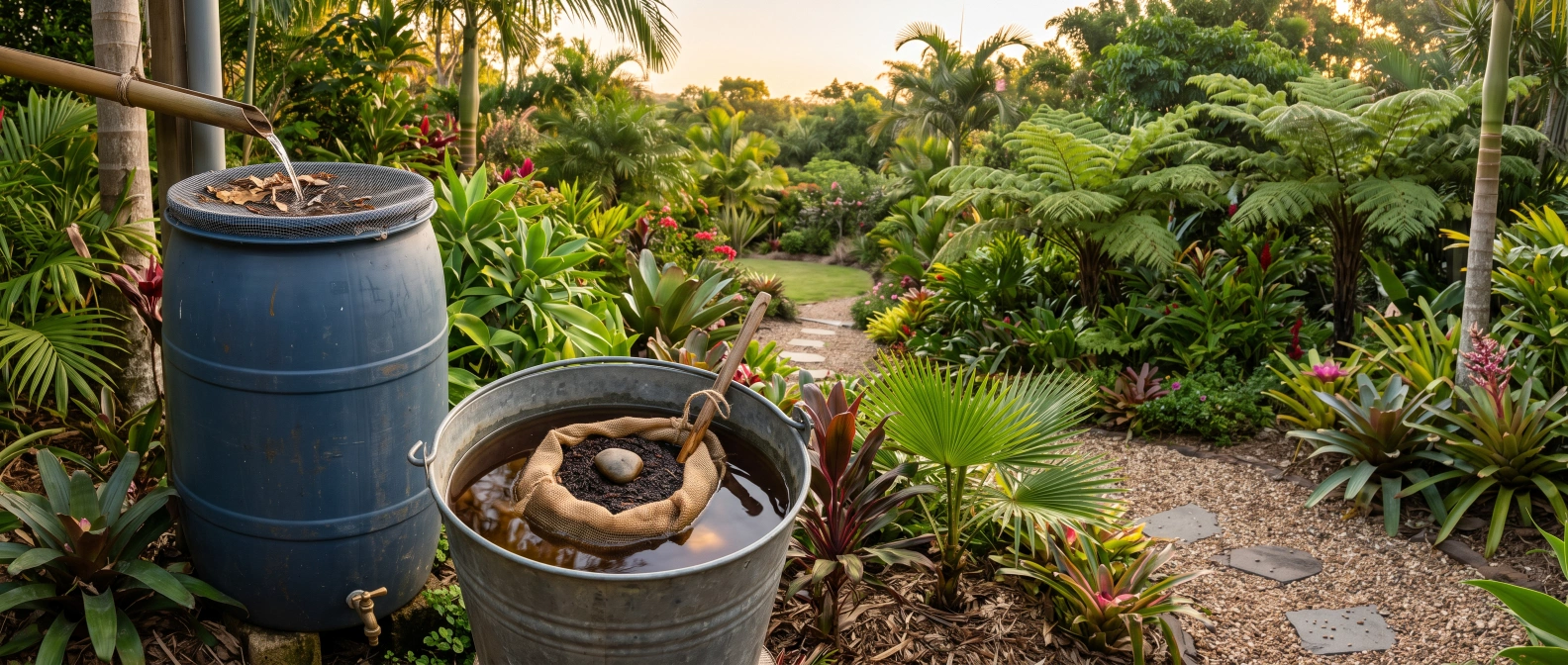 A bucket of dark compost tea steeping beside a rain barrel, with finished compost held in a cloth sack submerged in the water