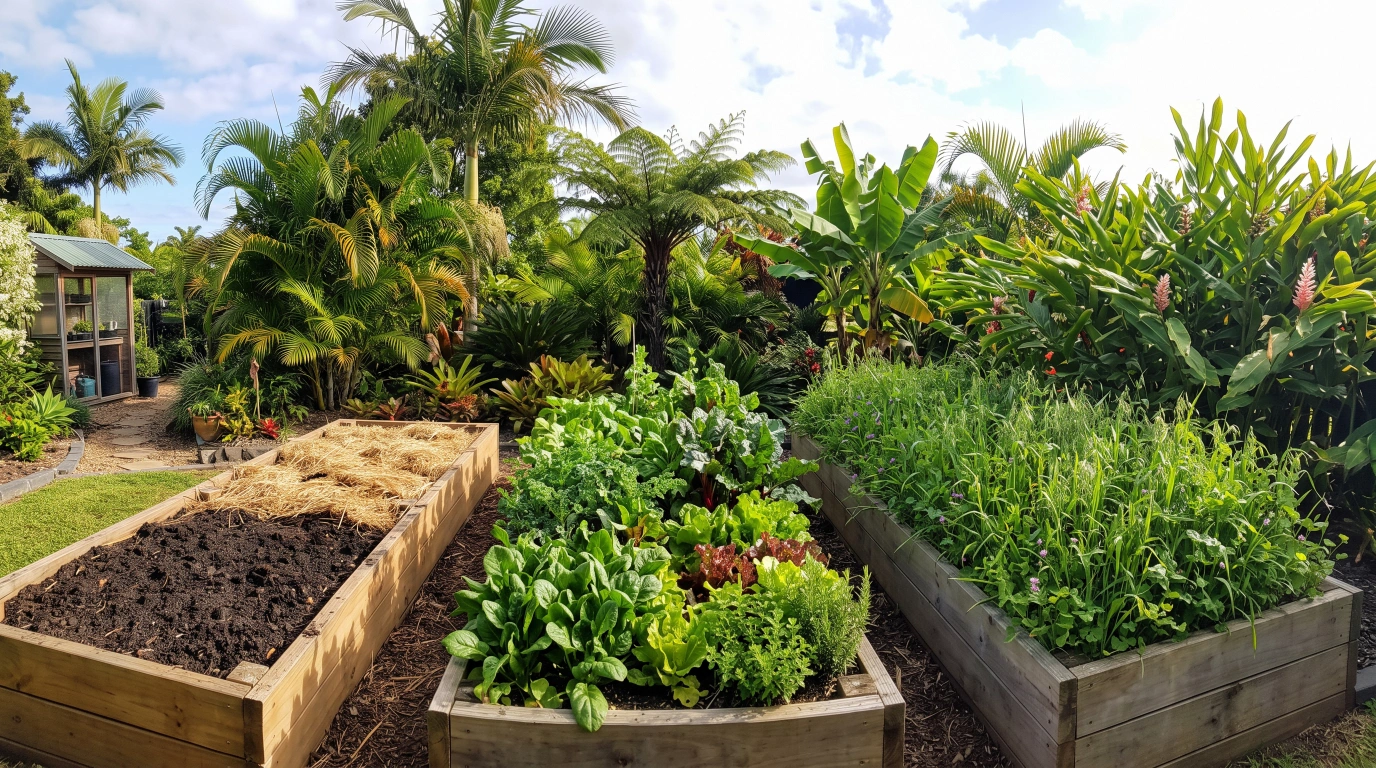 Three garden beds at different rotation stages, one freshly composted and mulched, one in full leafy growth, one sown with a green manure