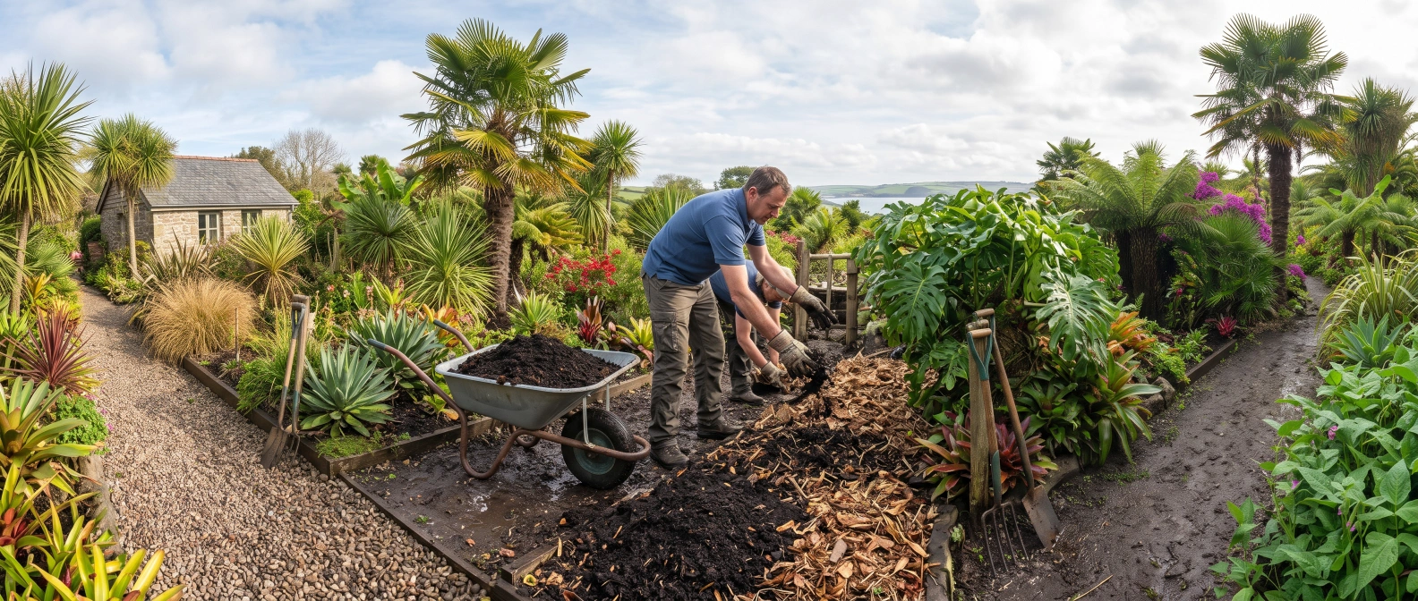 Dark, crumbly finished compost being spread onto a garden bed and immediately covered with a layer of mulch