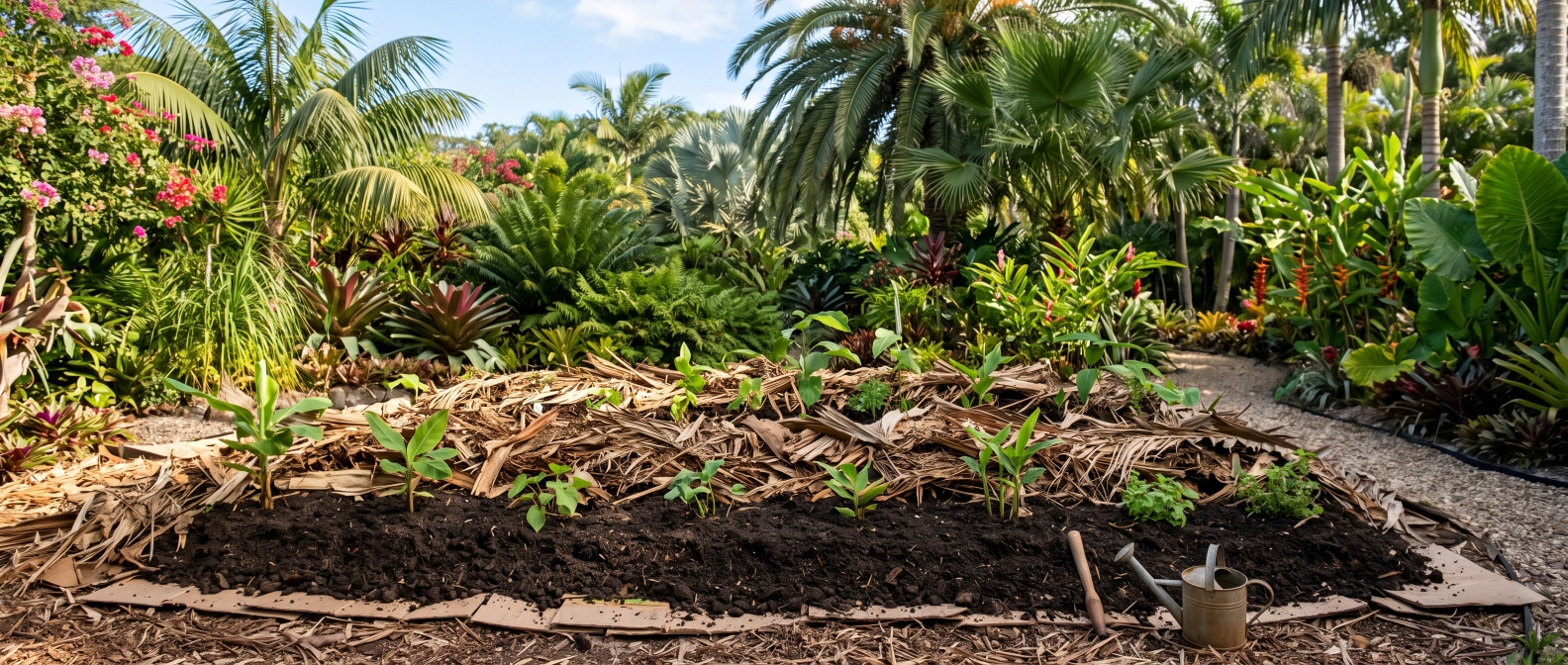 A thick layer of compost and dried palm frond mulch over cardboard on an undug garden bed, with seedlings planted directly into it
