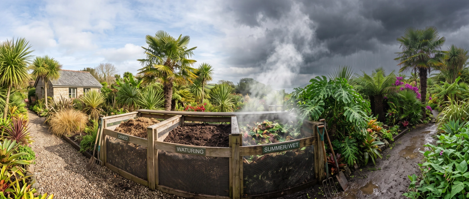A two-chamber compost system in a subtropical garden, one side steaming and wet under summer storm clouds, the other drier under a milder winter sky