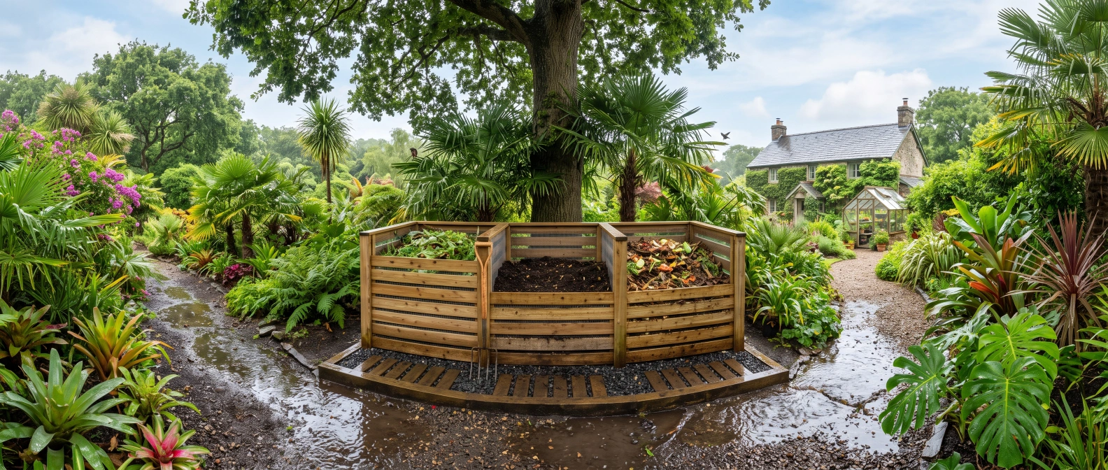 A part-shaded compost bin with breathable timber slat sides and a raised, well-drained base, water running clear off the surrounding ground after rain