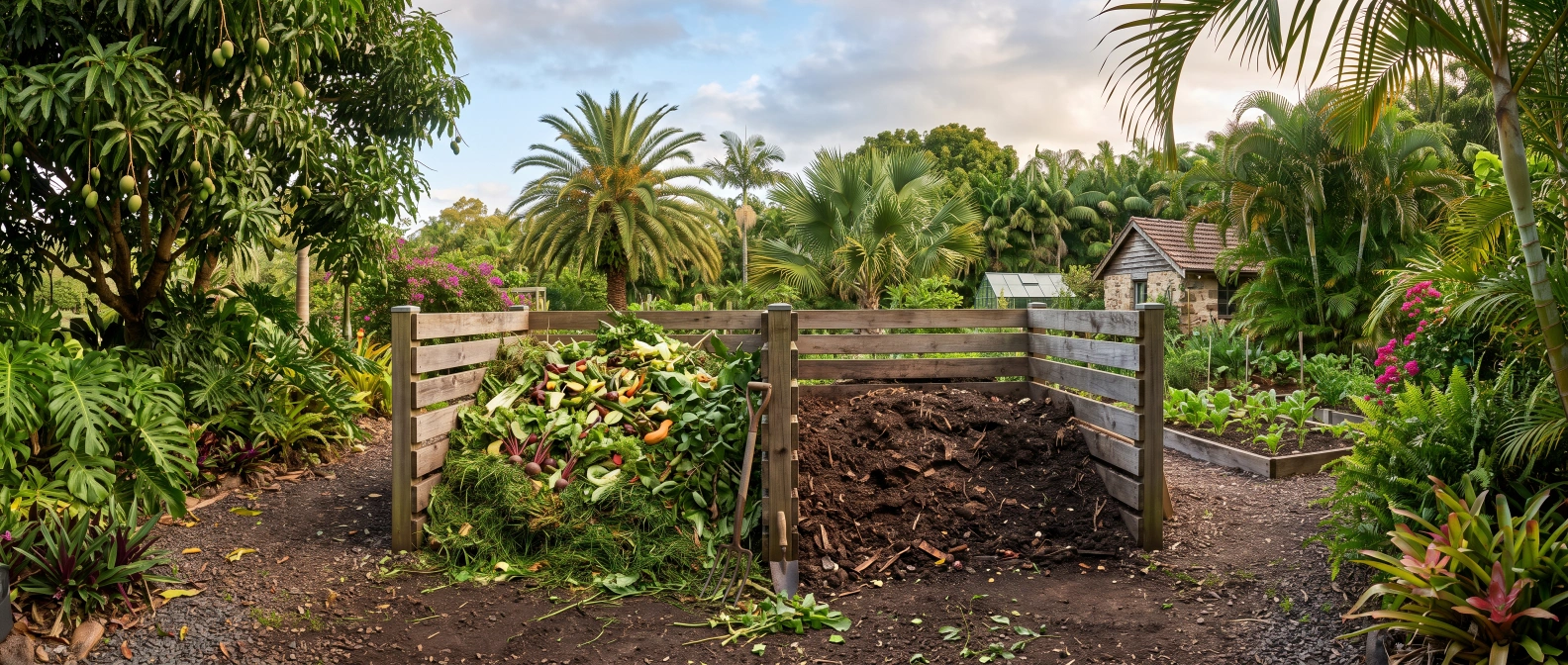 Two equal-sized timber compost bays side by side, one freshly filled with fresh summer green waste, the other resting with dark, part-finished compost visible