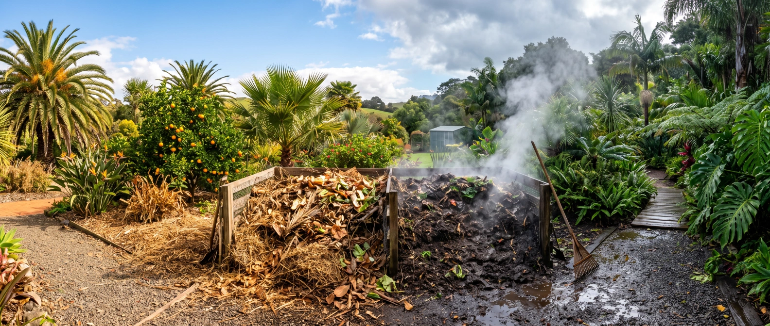 A compost heap in a subtropical garden, half in bright dry sunshine and half still steaming wet after a passing downpour