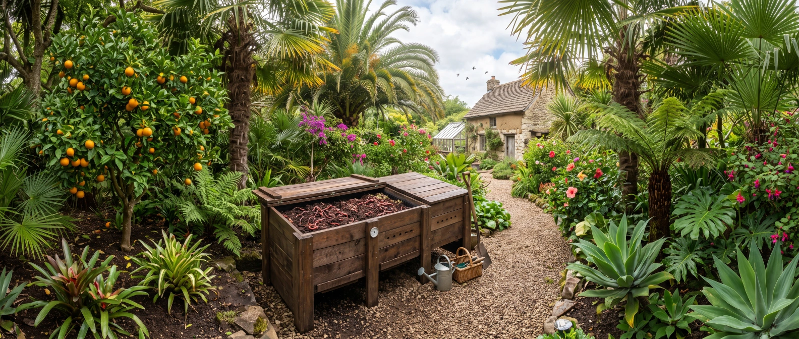 A shaded outdoor worm bin with red wiggler composting worms in dark, moist bedding in a subtropical garden