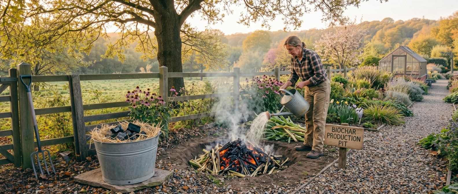 Chopped corn stalks smouldering into charcoal in a shallow earth pit at the edge of a prairie garden, being quenched with water to make biochar