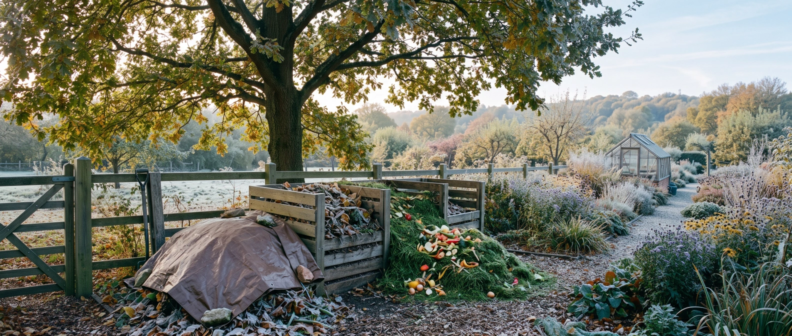 A tarp-covered stockpile of dried autumn leaves beside a fresh pile of summer grass clippings and kitchen scraps next to a compost bin