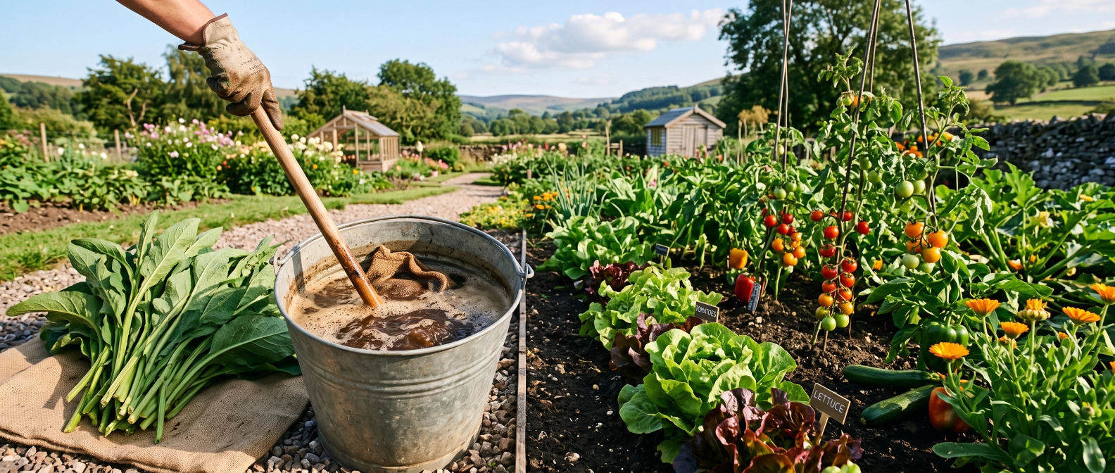 A bucket of steeping compost tea being stirred beside a row of summer vegetables, comfrey leaves piled nearby