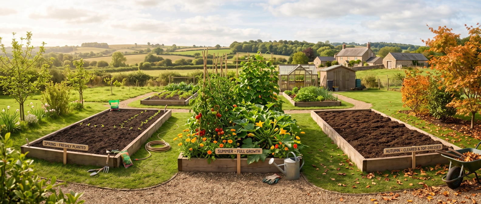 Three vegetable beds in different stages, one freshly planted in spring, one in full summer growth, one cleared and top-dressed for autumn