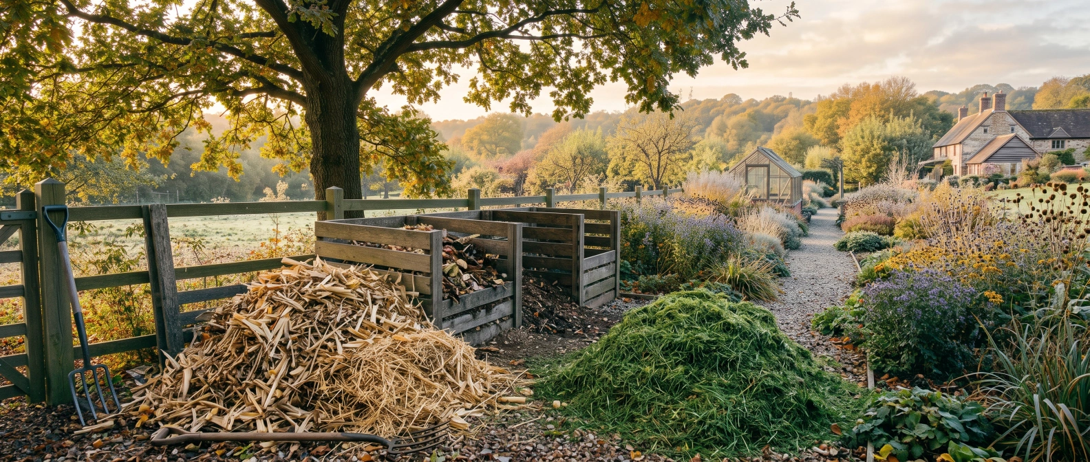 A pile of chopped corn stalks and wheat straw beside a garden fork, with mown grass clippings heaped separately on a farmhouse compost yard