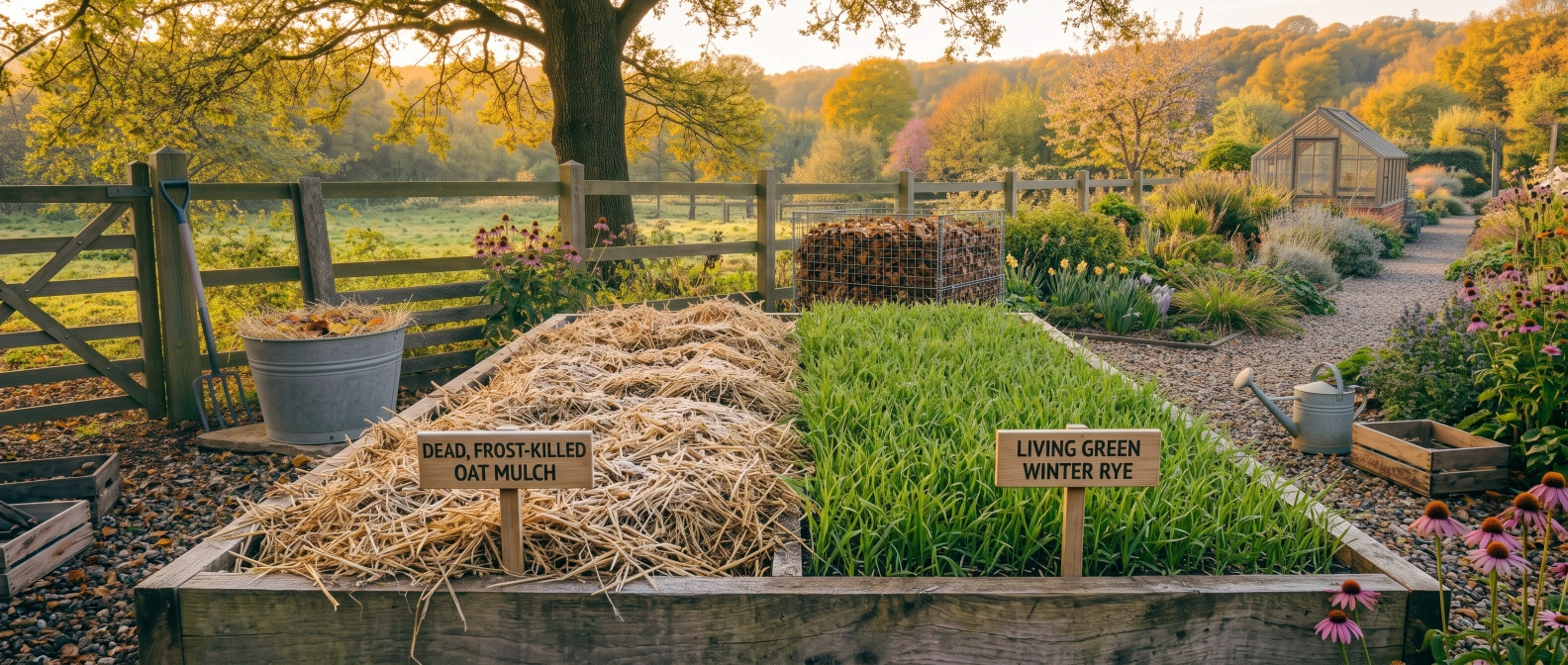 A vegetable bed with one half covered in a dead, frost-killed oat mulch and the other half in living green winter rye
