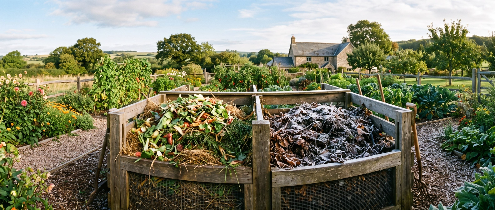 A two-chamber compost bin in a farmhouse garden, one side heaped with fresh summer material, the other frosted and dormant