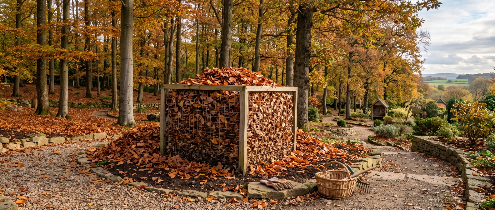 A large wire mesh cage overflowing with fallen oak and beech leaves in a continental hardwood garden in autumn