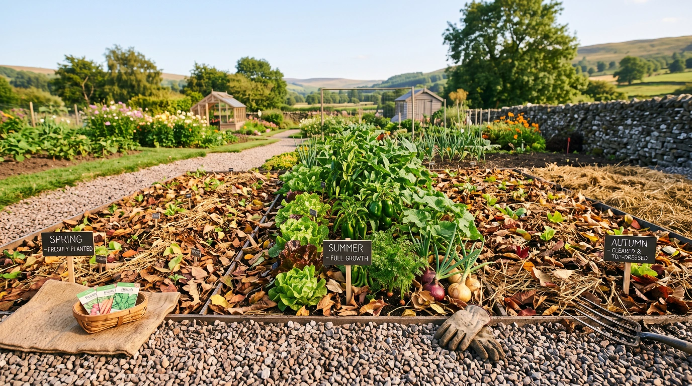A thickly mulched no-dig bed with a thin layer of autumn leaves and straw over compost, seedlings planted directly into the surface
