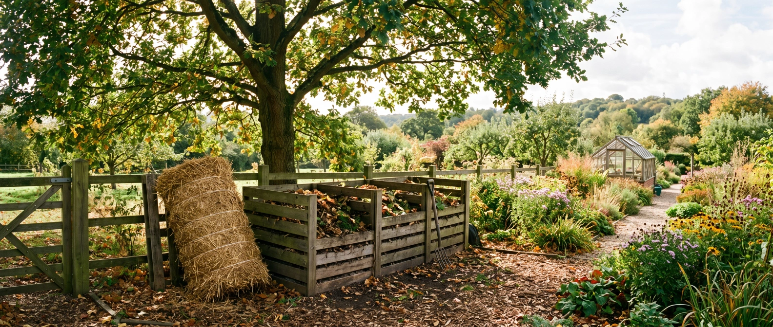 A timber compost bin sited under the dappled shade of a deciduous tree, with a rolled straw-bale insulating jacket leaning against the fence nearby ready for winter