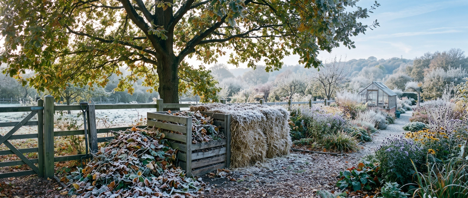 A two-bay timber compost bin, one bay heaped high with fresh autumn garden waste, the other wrapped in a straw insulating jacket and frosted over for winter