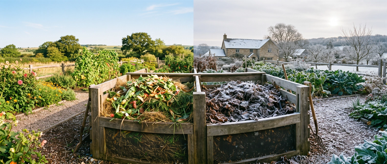 A compost heap shown in high summer heat and again frozen under a hard winter frost, the same bin either side of the year