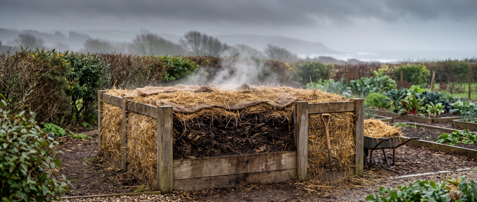 A well-insulated wooden compost bay steaming gently in a damp, mild maritime garden