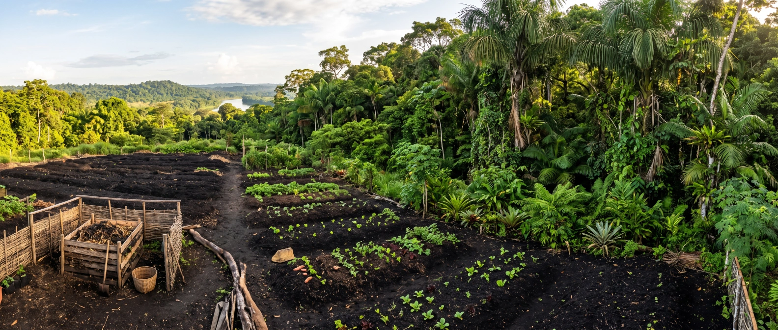 Dark, fertile terra-preta-like soil built up over years of protected composting, next to lush tropical growth