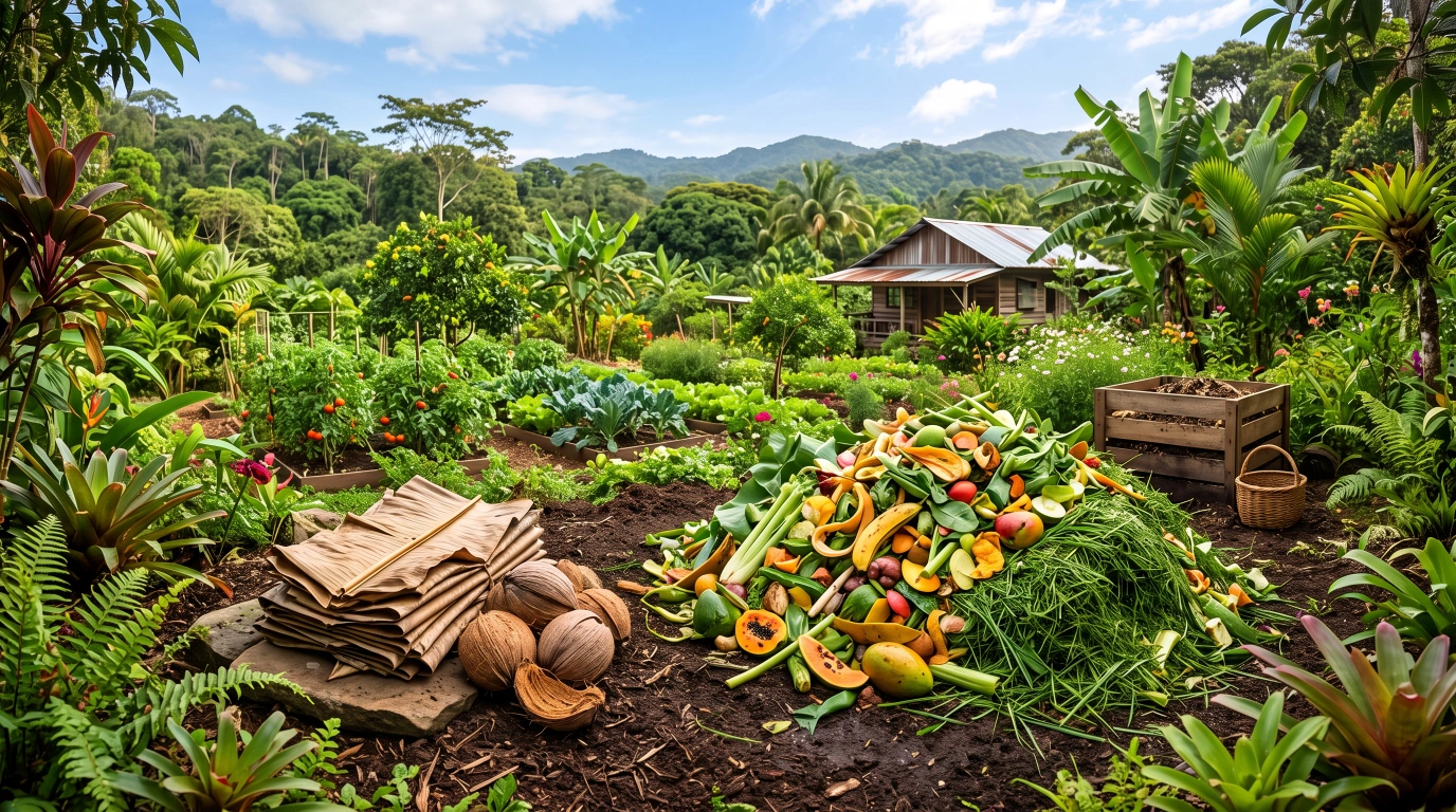 A small stack of sun-dried banana leaves and coconut husk beside a large heap of fresh green kitchen scraps and grass clippings
