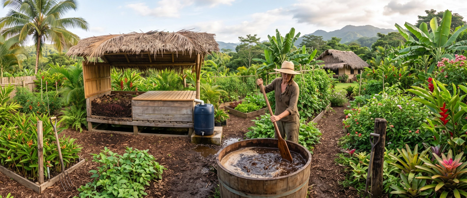 A bucket of dark compost tea being stirred, with a covered compost bin and a collection container for runoff in the background