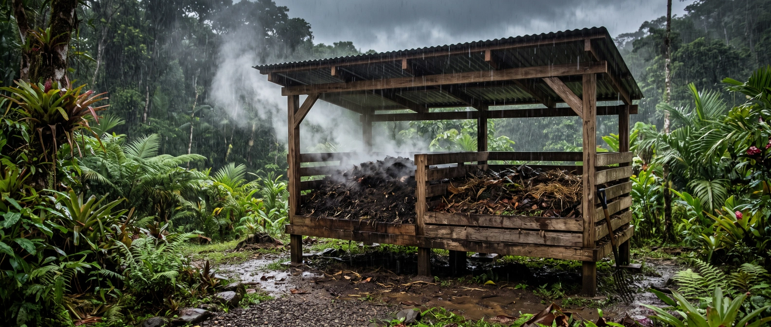 A raised, roofed compost bin sheltering from heavy tropical rain, steam rising from freshly turned material