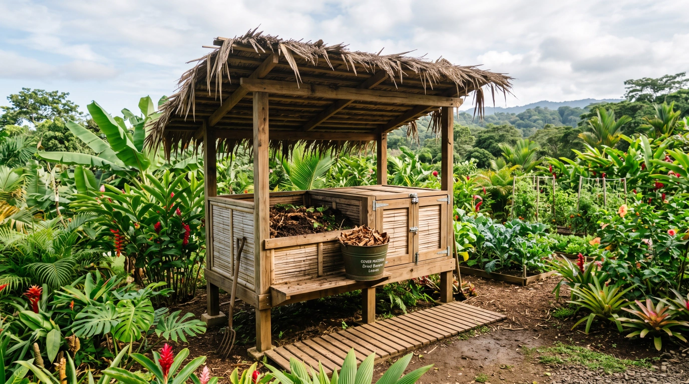 A covered, raised two-bin humanure compost system with a bucket of dried banana leaves as cover material in a tropical garden