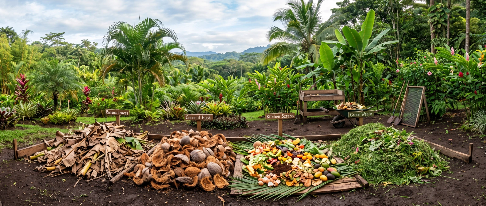 An assortment of tropical compost materials laid out for sorting: dried banana leaves, coconut husk, fresh kitchen scraps and grass clippings