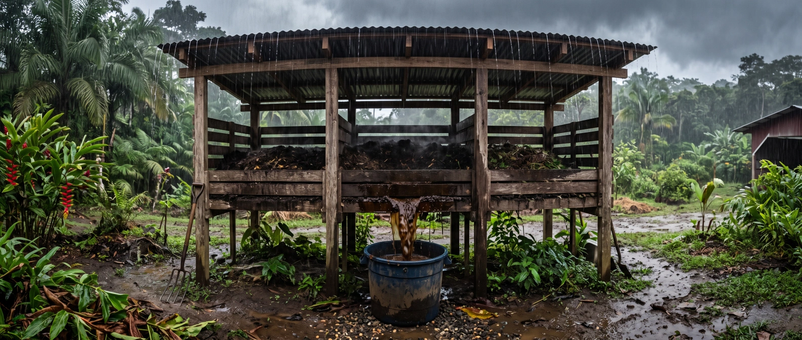 Dark nutrient-laden runoff being collected in a bucket beneath a raised, roofed compost bin during heavy rain
