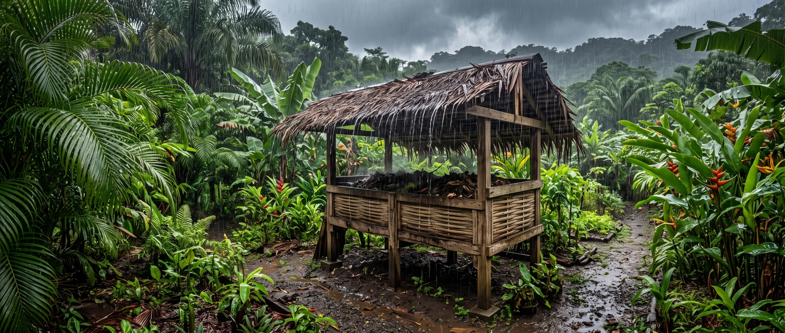 A raised, roofed compost bin standing firm in a tropical garden during heavy monsoon-season rain
