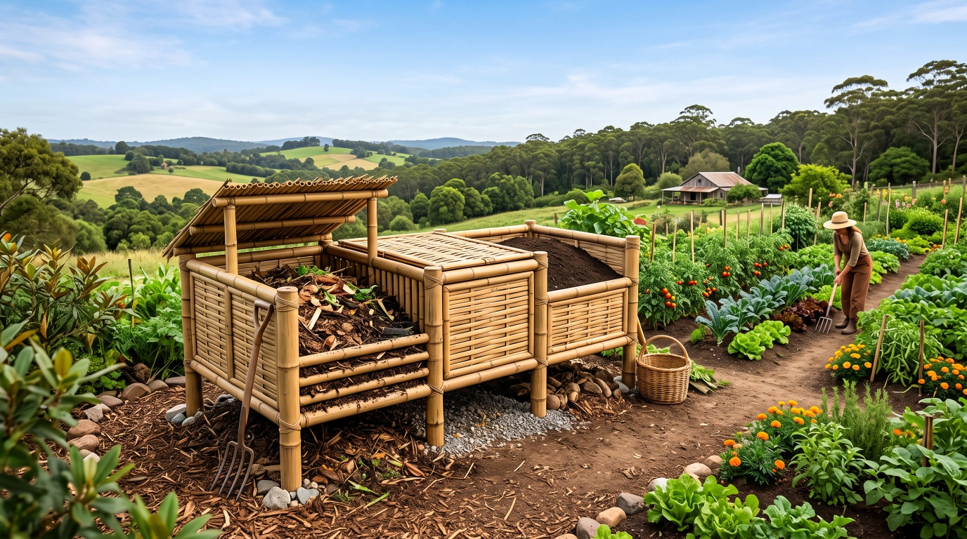 A raised bamboo compost bin built on slightly elevated, well-drained ground beside a smallholder vegetable plot