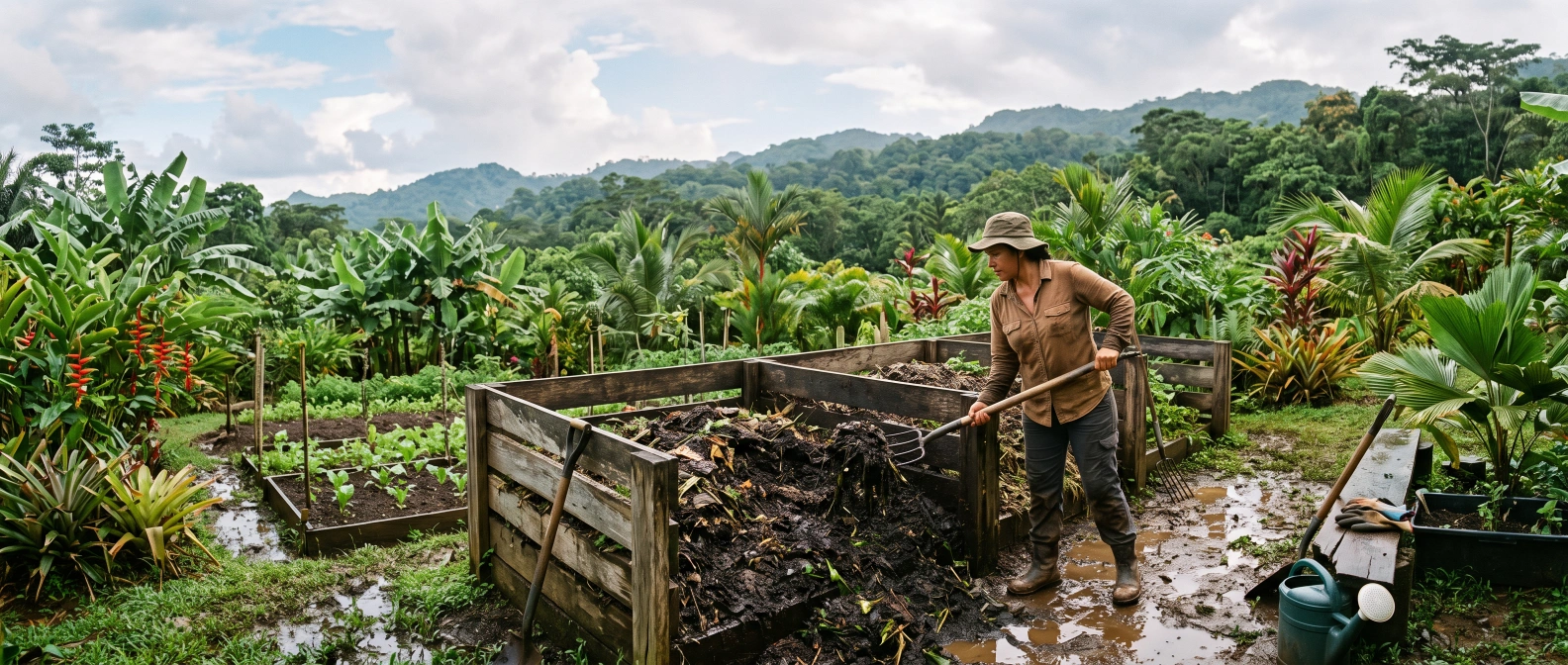 A gardener forking over a dark, waterlogged compost heap to reintroduce air after heavy tropical rain