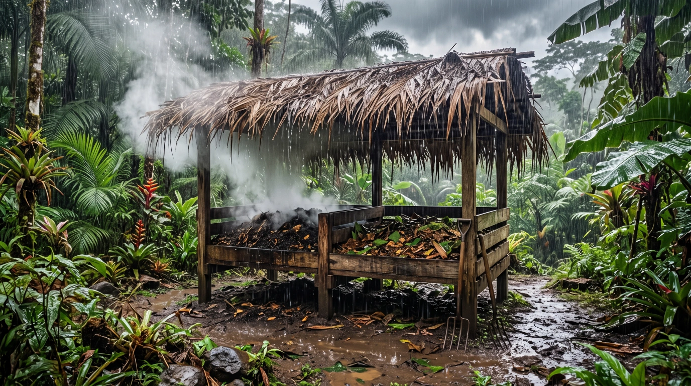 Steam rising from a raised compost bin under a simple thatched roof during heavy tropical rain