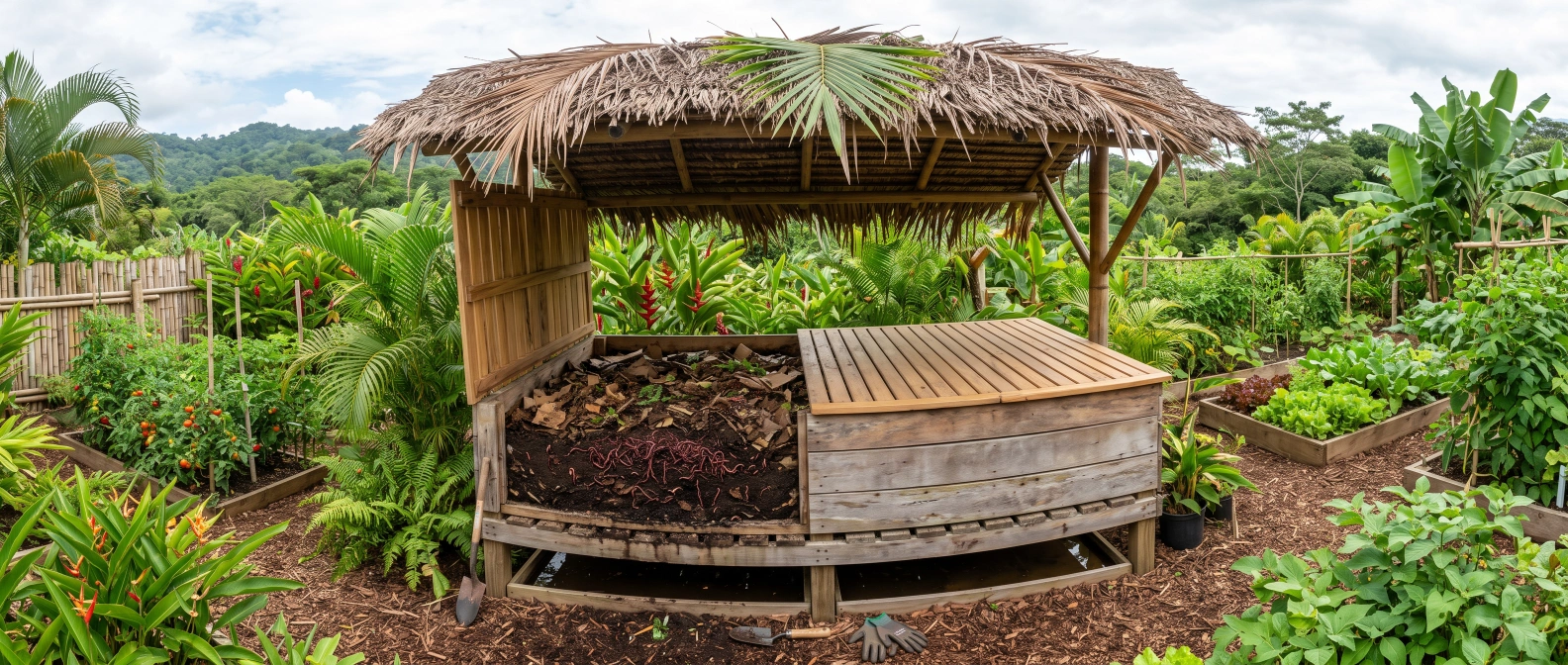 A raised, roofed worm composting bin with drainage gaps, red wiggler worms visible in moist dark bedding