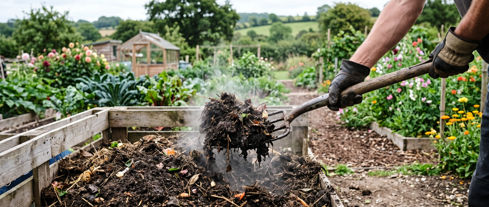 A gardener turning a compost heap with a fork to check its condition
