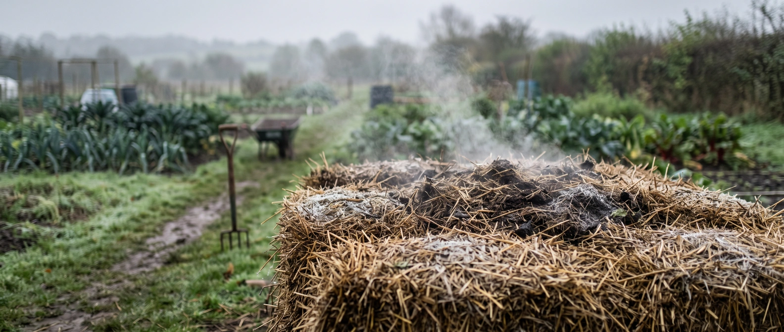 Steam rising gently from an insulated compost heap on a damp, overcast morning