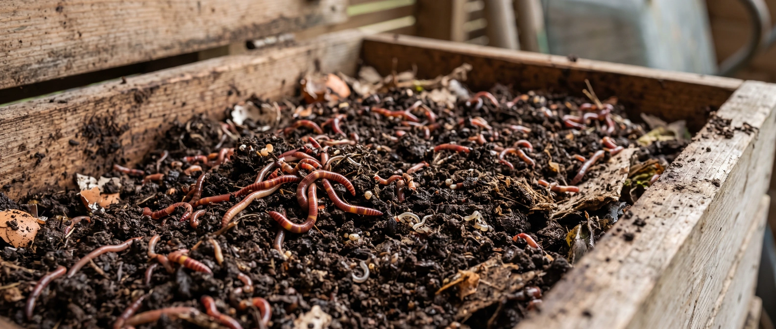 Red brandling worms working through dark, crumbly vermicast in a wooden worm bin