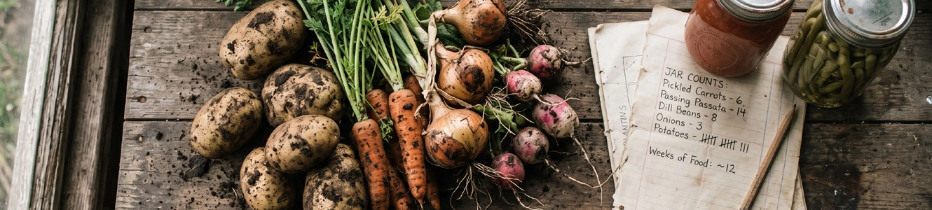 Overhead view of freshly harvested carrots, potatoes and leafy greens on a wooden table beside a hand-drawn garden plan