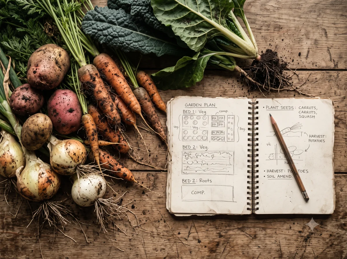 A flatlay of a freshly harvested vegetable crop