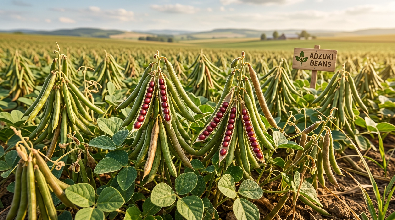 Small red adzuki beans and their pods ripening on the plant in a warm home vegetable garden