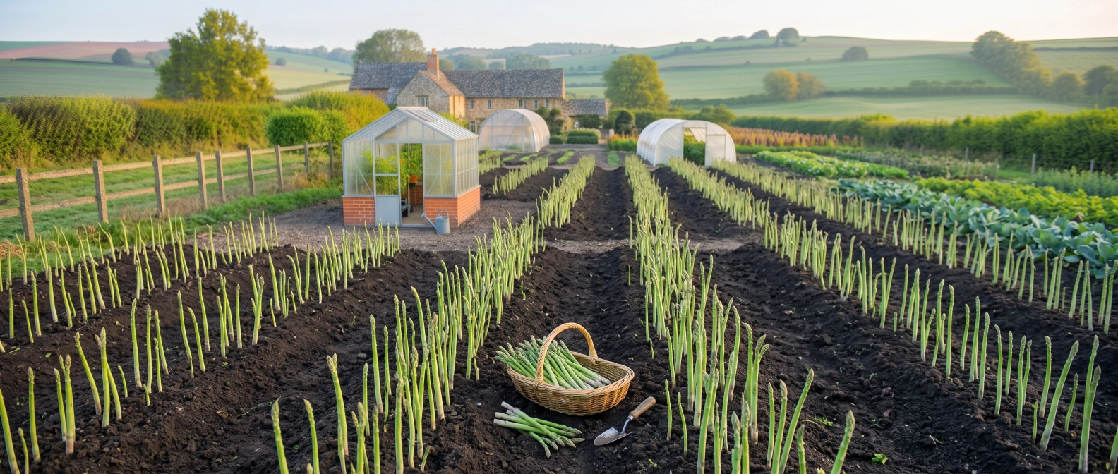 A bed of established asparagus spears ready for harvest on a homestead