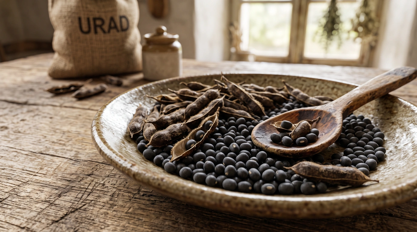 Dried black gram (urad dal) pods and small black beans in a home vegetable garden