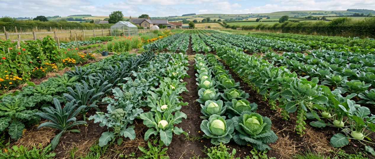 A mixed bed of brassicas -- kale, cabbage and broccoli -- growing together in a home vegetable garden