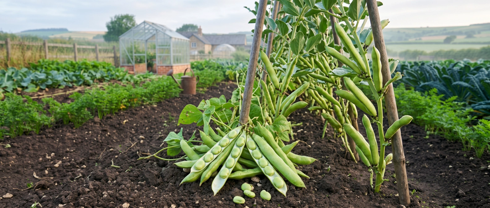 Freshly harvested beans and peas in a home vegetable garden