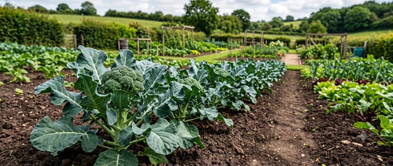 Broccoli and calabrese heads ready for harvest in a home vegetable garden