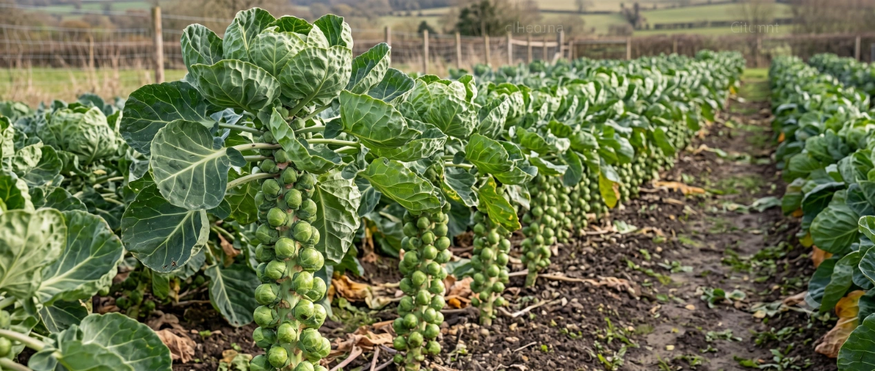 Brussels sprouts growing along tall stalks in a frosty home vegetable garden