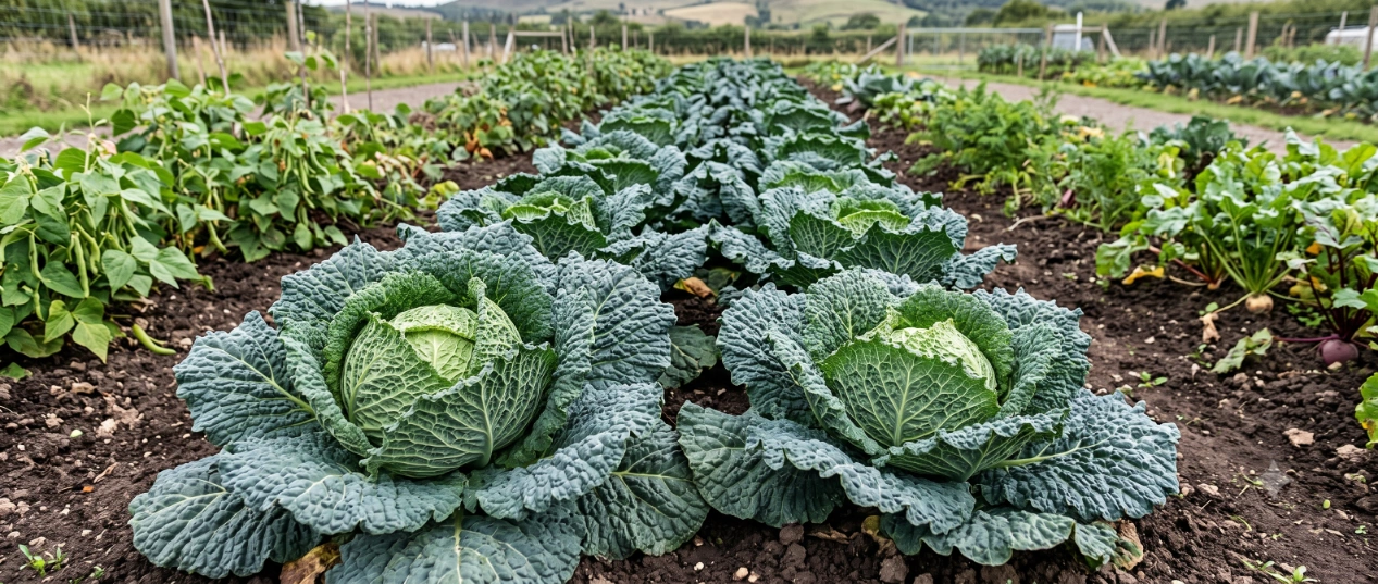 Frost-hardy winter and Savoy cabbage heads standing in a home vegetable garden