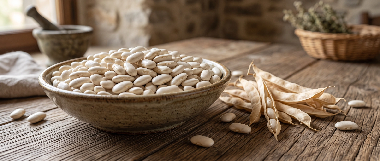 Dried large white cannellini beans in a bowl beside their dried pods in a home vegetable garden