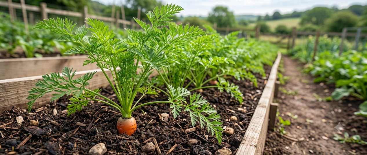 Freshly pulled carrots with tops still attached in a home vegetable garden