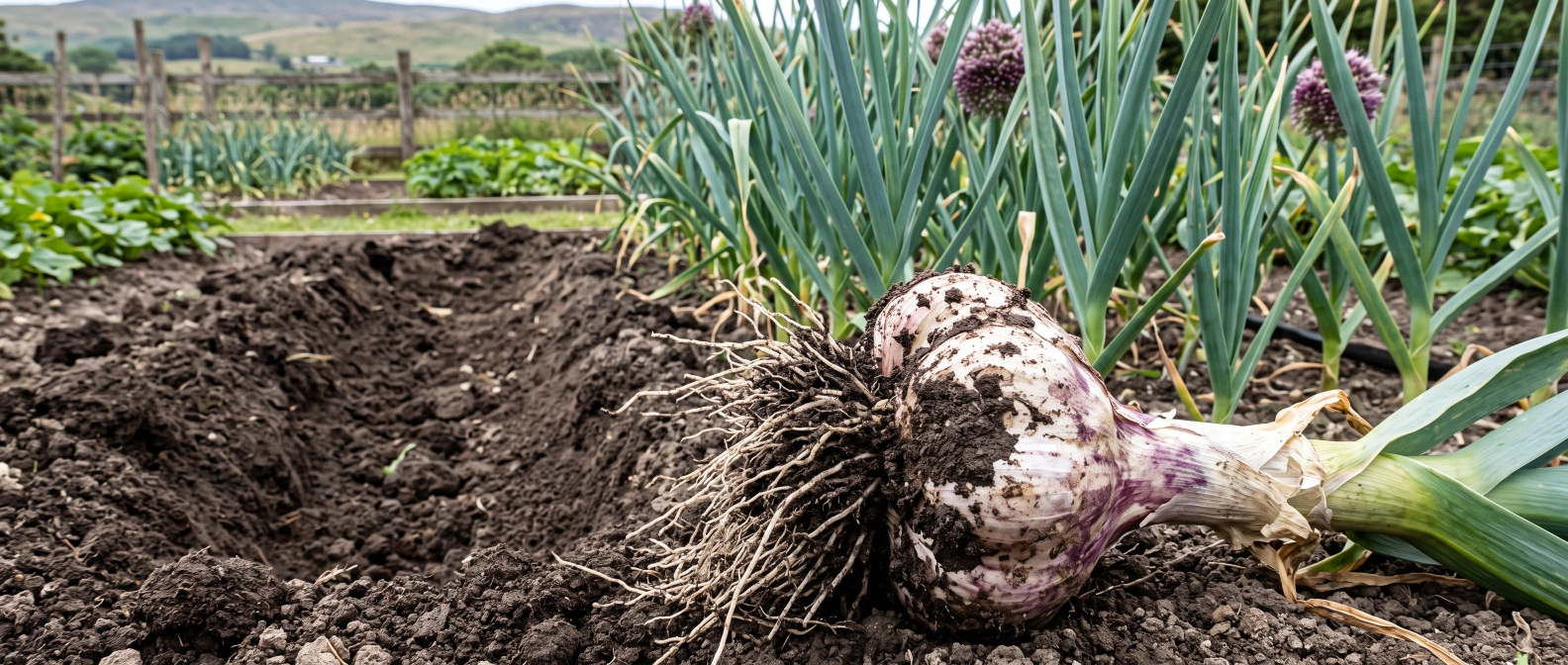 A large elephant garlic bulb freshly lifted from a home vegetable garden